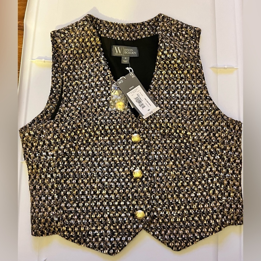 NWT- Worthington Jason Bolden Woman’s Gold Multi Tweed Vest & iridescent sequins